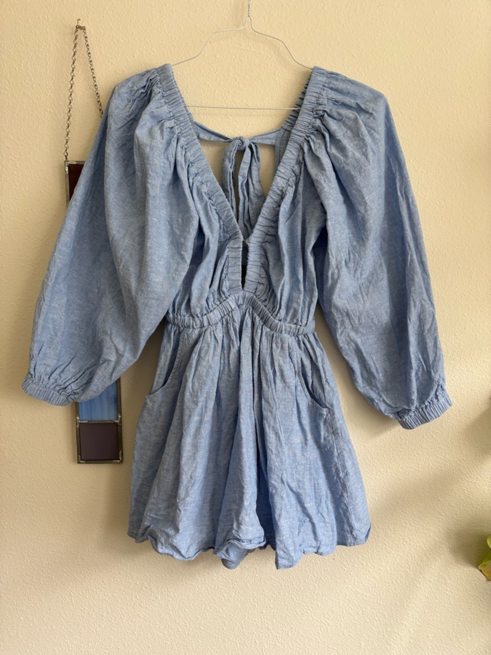 Light Blue Linen/Cotton Blend Romper with Puff Sleeves